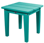 Teal side table with a visible brand logo on a white background