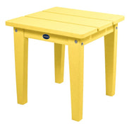 Yellow side table with a visible brand logo on a white background