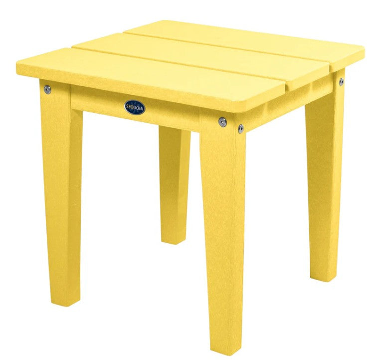 Yellow side table with a visible brand logo on a white background