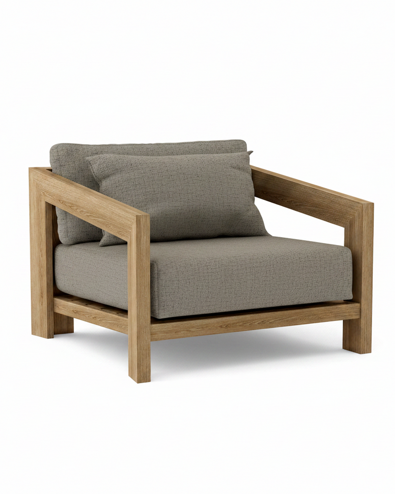 Smyrna teak lounge chair with bliss smoke cushion on white background.  