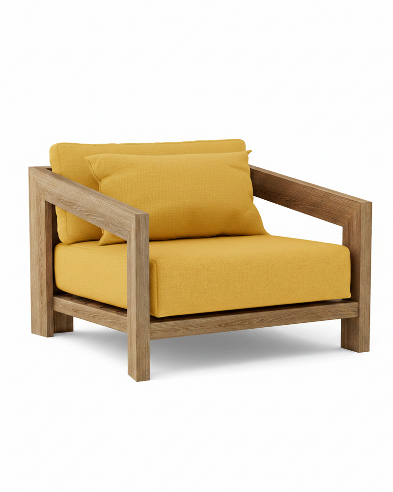 Smyrna teak lounge chair with buttercup cushion on white background.  