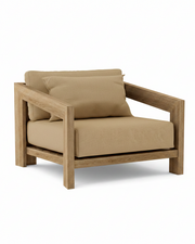 Smyrna teak lounge chair with canvas antique beige cushion on white background.  