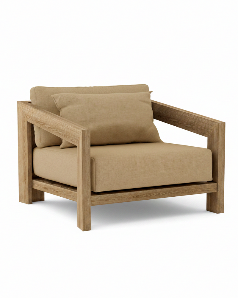 Smyrna teak lounge chair with canvas antique beige cushion on white background.  