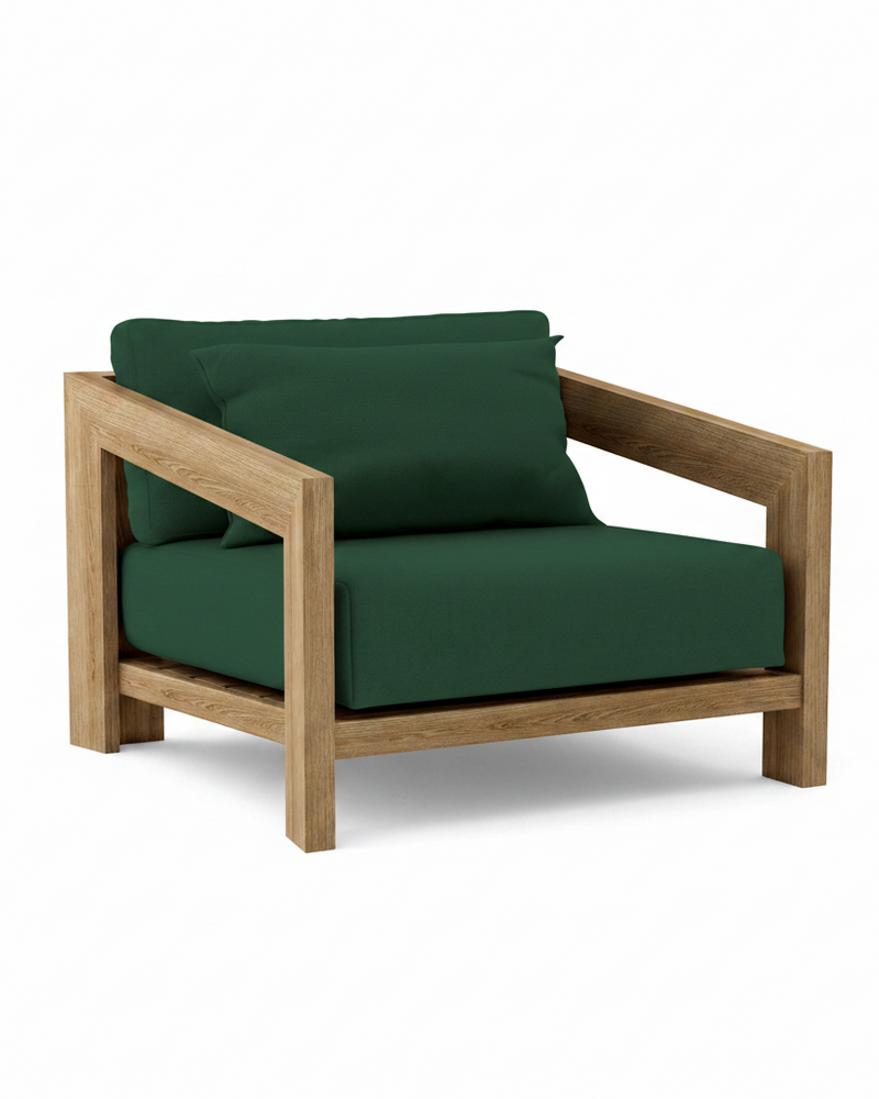 Smyrna teak lounge chair with forest green cushion on white background.  