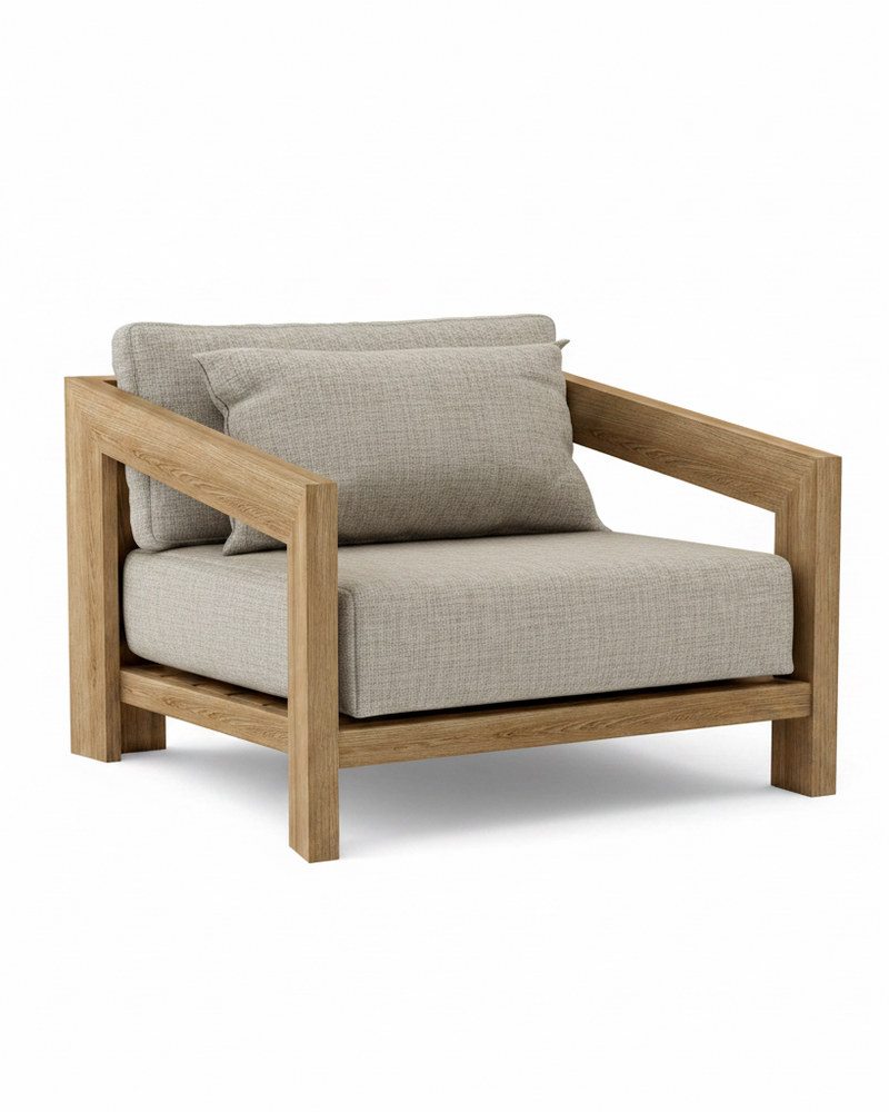 Smyrna teak lounge chair with granite cushion on white background.  