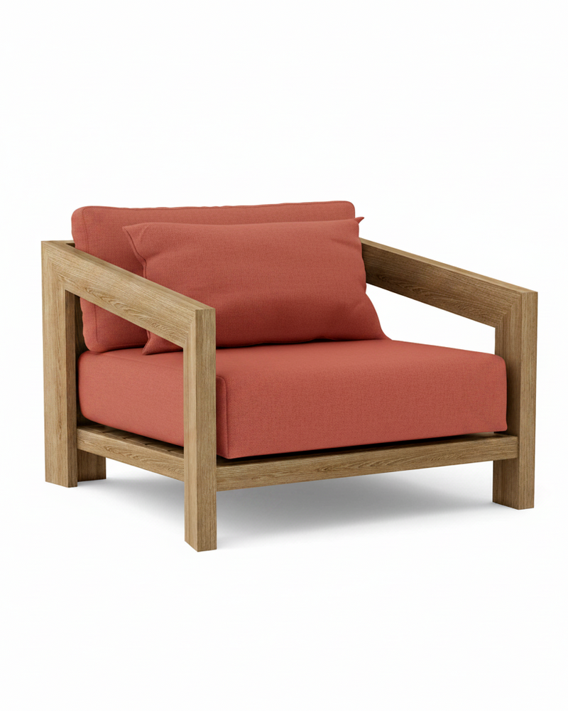 Smyrna teak lounge chair with henna cushion on white background.  