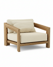 Smyrna teak lounge chair with linen canvas cushion on white background.  