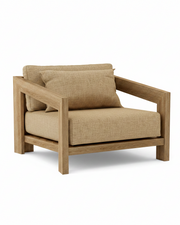 Smyrna teak lounge chair with linen sesame cushion on white background.  