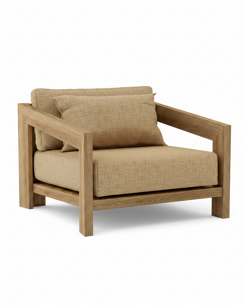 Smyrna teak lounge chair with linen sesame cushion on white background.  