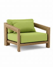 Smyrna teak lounge chair with macaw 
cushion on white background.  