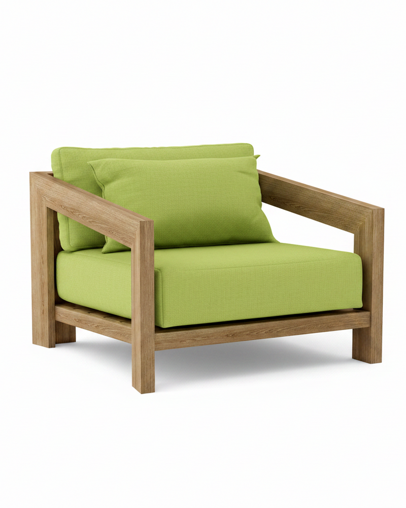 Smyrna teak lounge chair with macaw 
cushion on white background.  