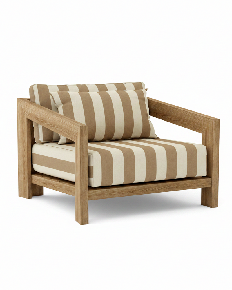Smyrna teak lounge chair with maxim heather beige cushion on white background.  