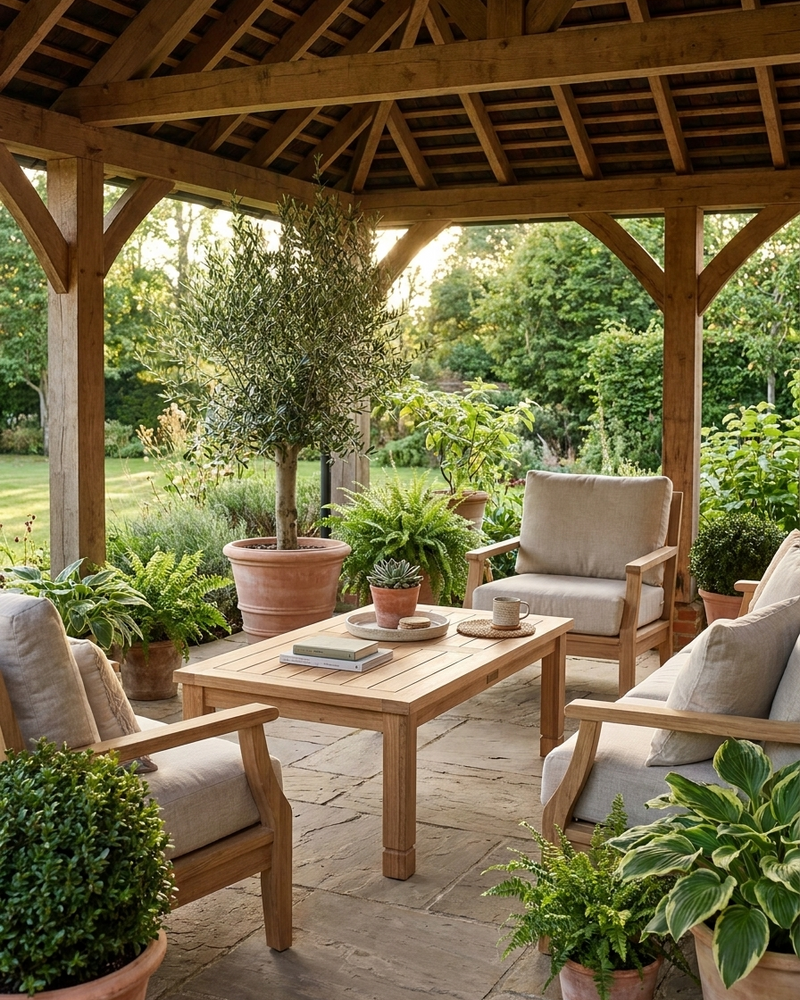 A wooden outdoor patio conversation set with three light beige cushioned armchairs and a matching rectangular coffee table, arranged under a rustic wooden pergola with potted plants and a garden background.