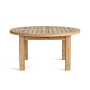 A round outdoor coffee table made of light natural teak wood slats on a white background.