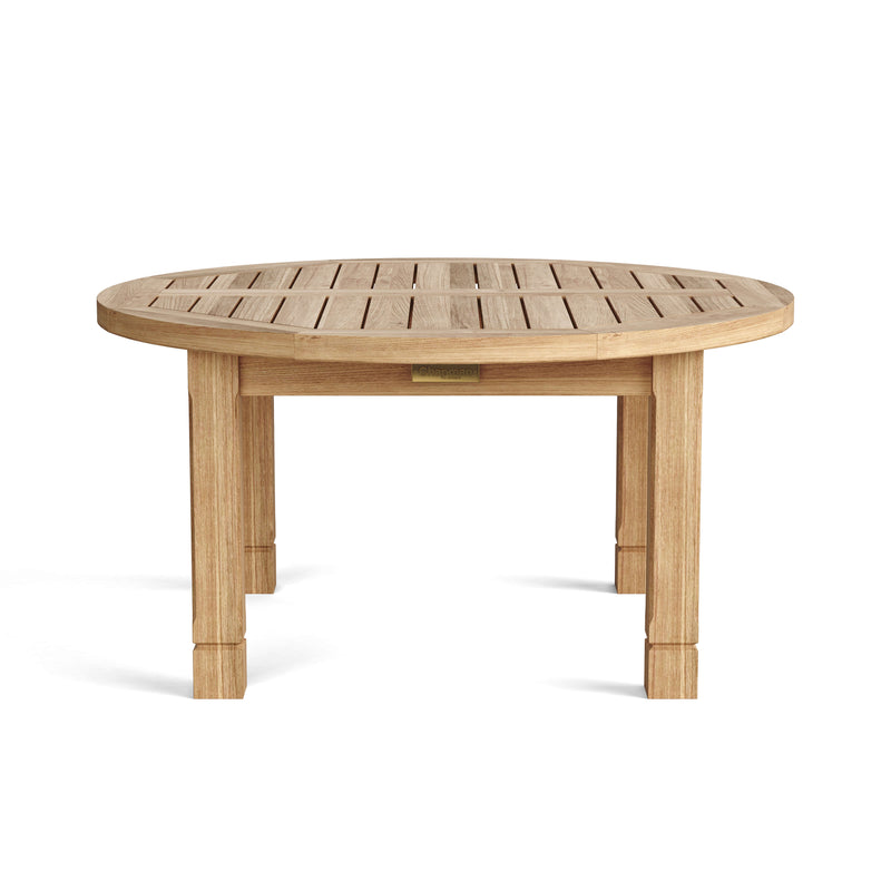 A round outdoor coffee table made of light natural teak wood slats on a white background.