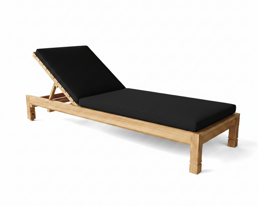 A wooden chaise lounge chair with a natural light wood frame and thick black cushions, shown on a clean white background.