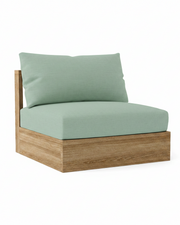 A modern outdoor lounge chair with a light wood frame and a sage green cushion, shown on a solid white background.