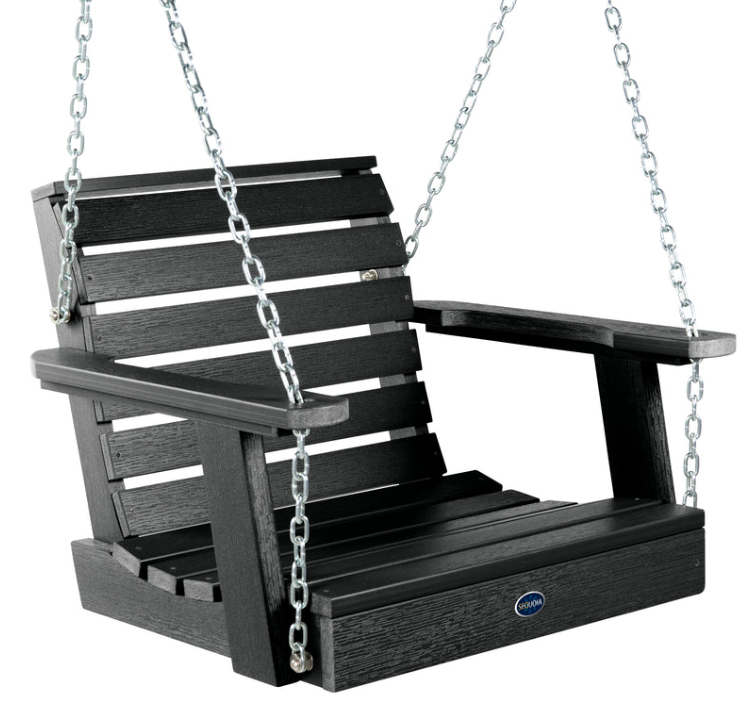 Sequoia single seat swing in black on white background.  