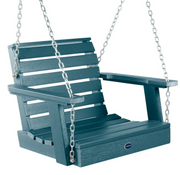 A dark teal outdoor swing bench with a slatted back and seat, featuring silver metal hanging chains and a small oval brand badge on the front.