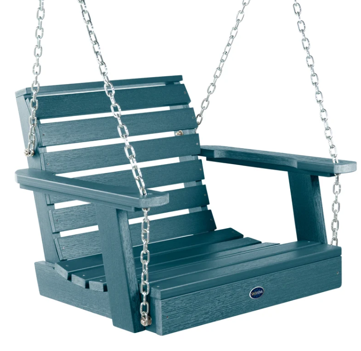 A dark teal outdoor swing bench with a slatted back and seat, featuring silver metal hanging chains and a small oval brand badge on the front.