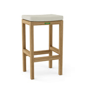 Wooden bar stool with a beige cushion on a white background
