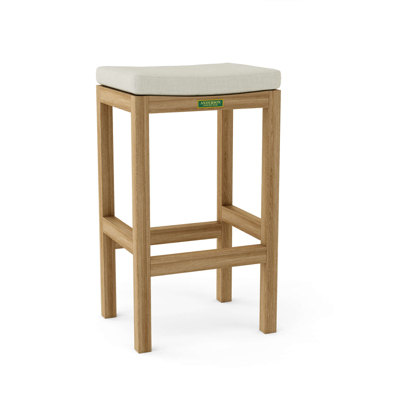 Wooden bar stool with a beige cushion on a white background