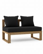 Outdoor patio loveseat with a natural wood frame and thick black cushions, shown on a clean white background.