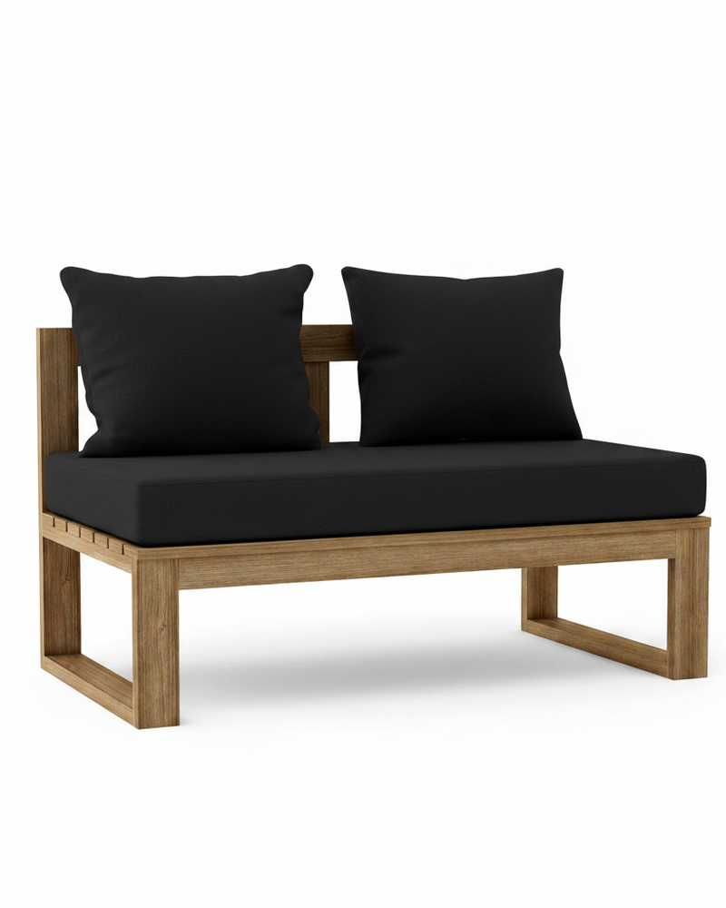 Outdoor patio loveseat with a natural wood frame and thick black cushions, shown on a clean white background.