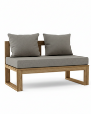 A modern outdoor loveseat with a light brown wooden frame and thick gray cushions, shown against a plain white background.