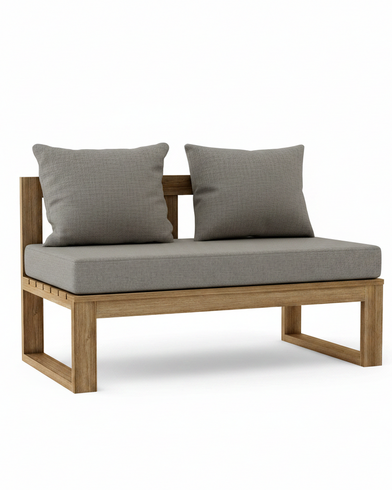 A modern outdoor loveseat with a light brown wooden frame and thick gray cushions, shown against a plain white background.
