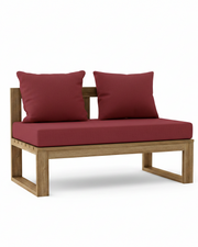 A modern outdoor loveseat with a natural wood frame and deep red cushions, shown against a plain white background.