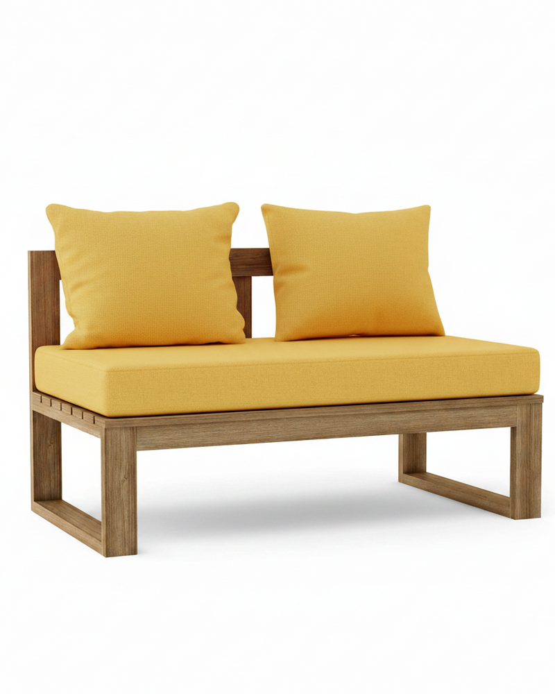 Outdoor daybed with a natural wood frame, a thick mustard yellow seat cushion, and two matching square back cushions, shown on a white background.