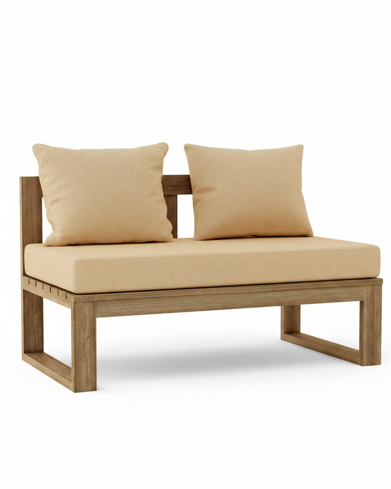 Outdoor daybed with a light brown wooden frame and beige cushions, shown on a white background.