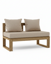 A two-seater outdoor daybed with a natural wood frame and light beige cushions, shown on a clean white background.