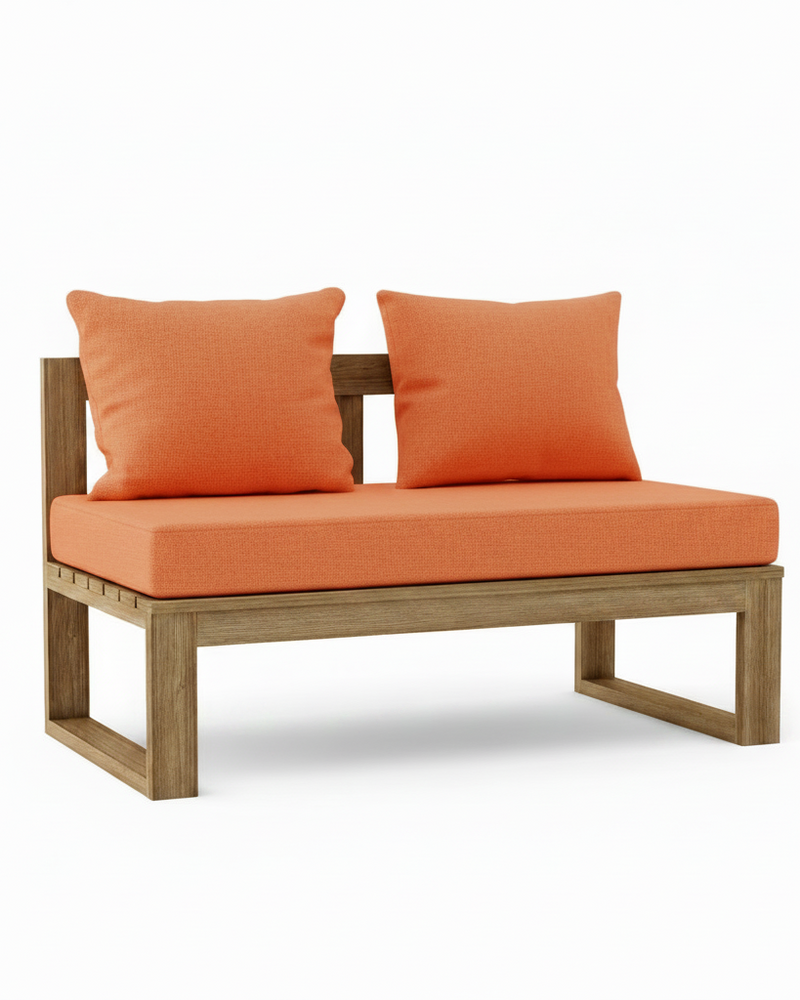 Outdoor patio daybed with a natural wood frame and bright orange cushions, shown on a clean white background.
