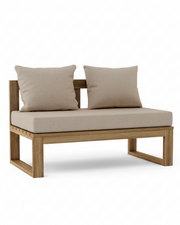 Outdoor two-seater lounge bench with a light oak wood frame and beige cushions, shown on a white background.