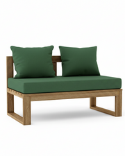 Outdoor loveseat with a natural wood frame and dark green cushions, shown on a clean white background.