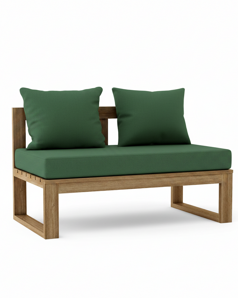 Outdoor loveseat with a natural wood frame and dark green cushions, shown on a clean white background.