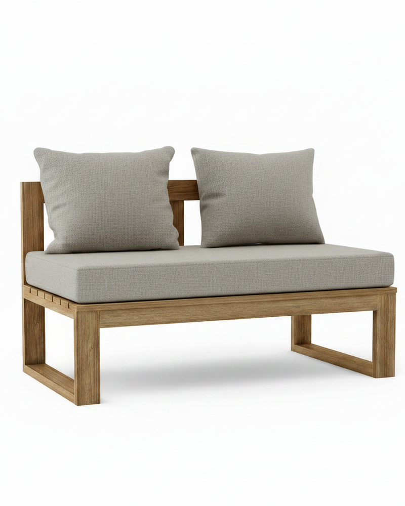 A modern outdoor daybed with a light brown wooden frame and thick light gray cushions, shown against a plain white background.
