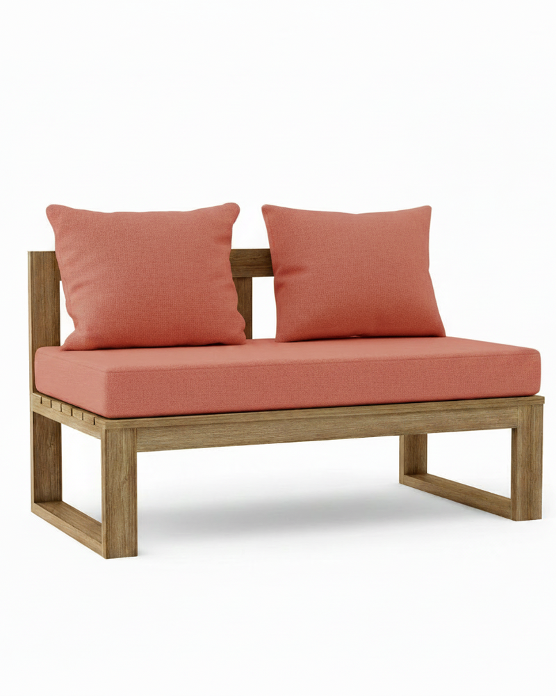 A two-seater outdoor daybed with a natural wood frame and henna cushions, shown on a clean white background.