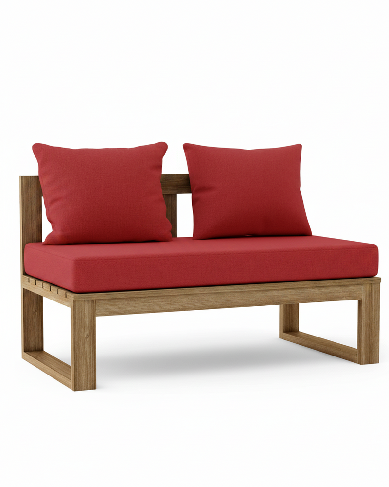 A modern outdoor loveseat with a light brown wooden frame and bright red cushions, including a thick seat cushion and two back pillows, shown on a white background.