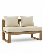 A modern outdoor loveseat with a light oak wood frame, a thick cream-colored seat cushion, and two matching square back cushions, shown on a solid white background.