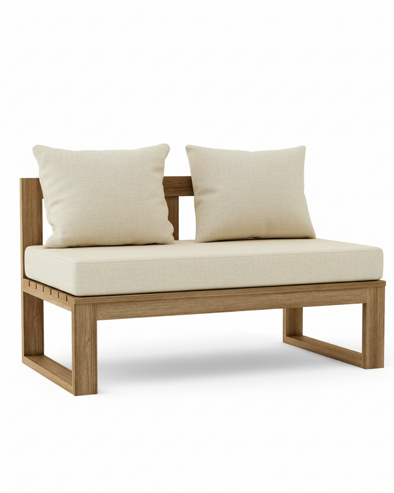 A modern outdoor loveseat with a light oak wood frame, a thick cream-colored seat cushion, and two matching square back cushions, shown on a solid white background.