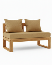 Outdoor patio daybed with a natural teak wood frame and textured tan cushions, shown on a clean white background.