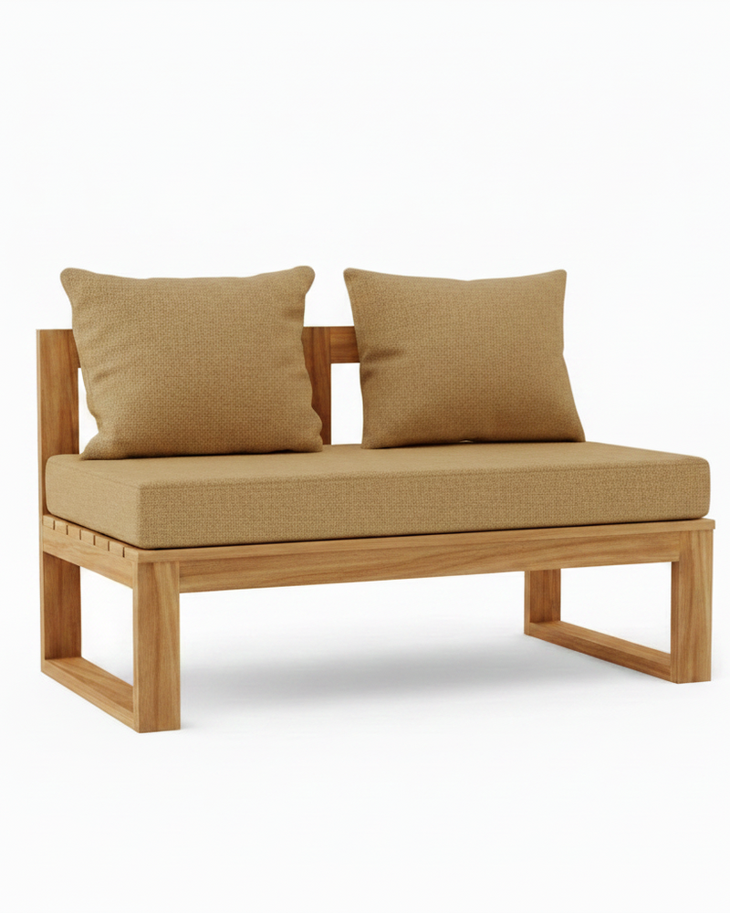 Outdoor patio daybed with a natural teak wood frame and textured tan cushions, shown on a clean white background.