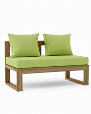 A modern outdoor loveseat with a light brown wooden frame and lime green cushions, shown on a clean white background.