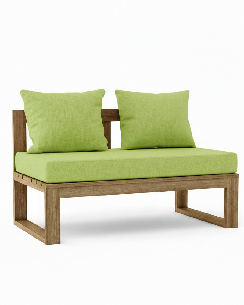 A modern outdoor loveseat with a light brown wooden frame and lime green cushions, shown on a clean white background.