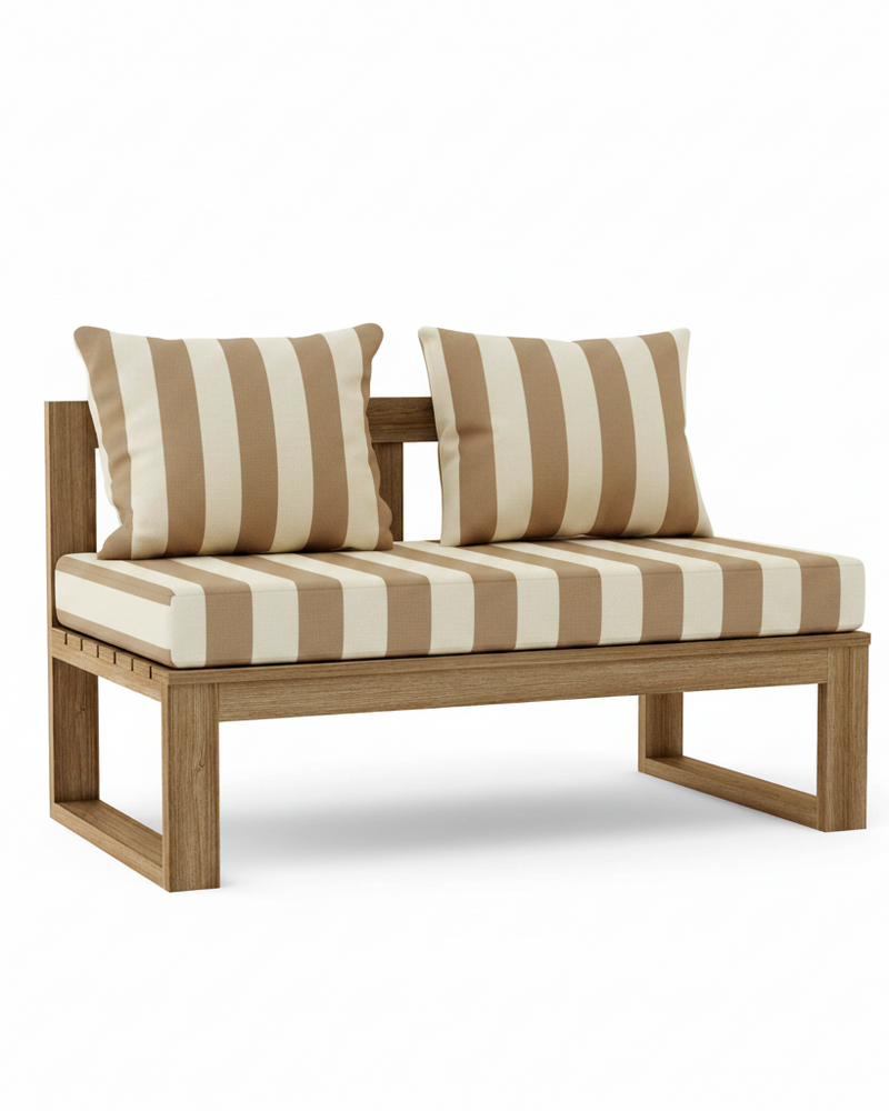 Outdoor patio bench with a light brown wooden frame and beige and cream striped cushions, shown on a white background.