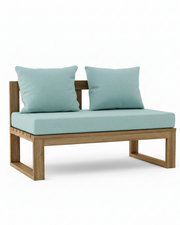 Outdoor loveseat with a light wood frame and light blue cushions, shown on a white background.