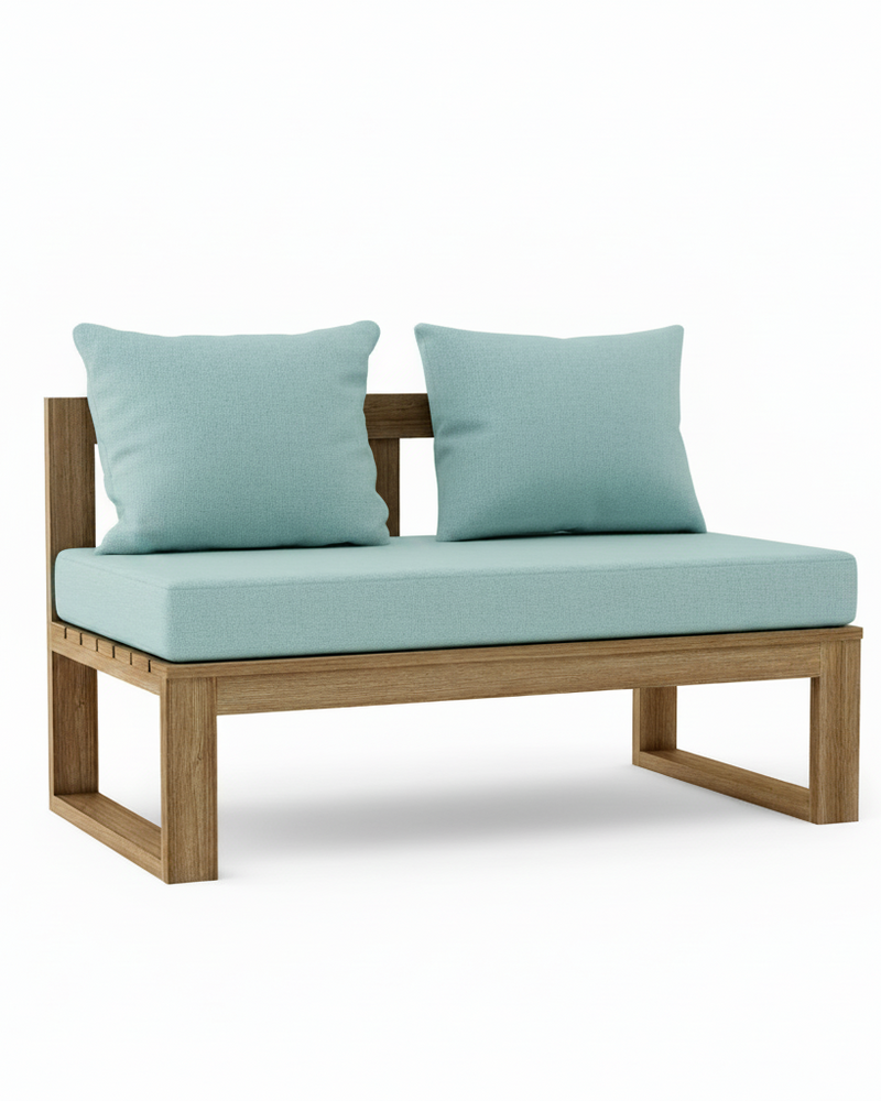 Outdoor loveseat with a light wood frame and light blue cushions, shown on a white background.
